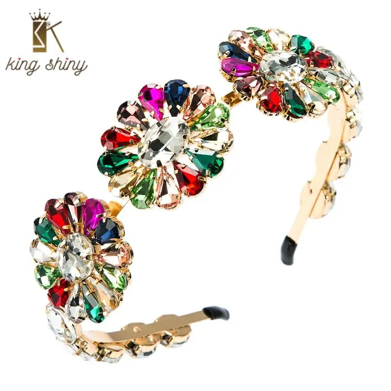 

Spring Design Colorful Crystal Flower Headband Elegant Geometric Water Drop Glass Drill Metal Belt Hairband Girls Party Headwear