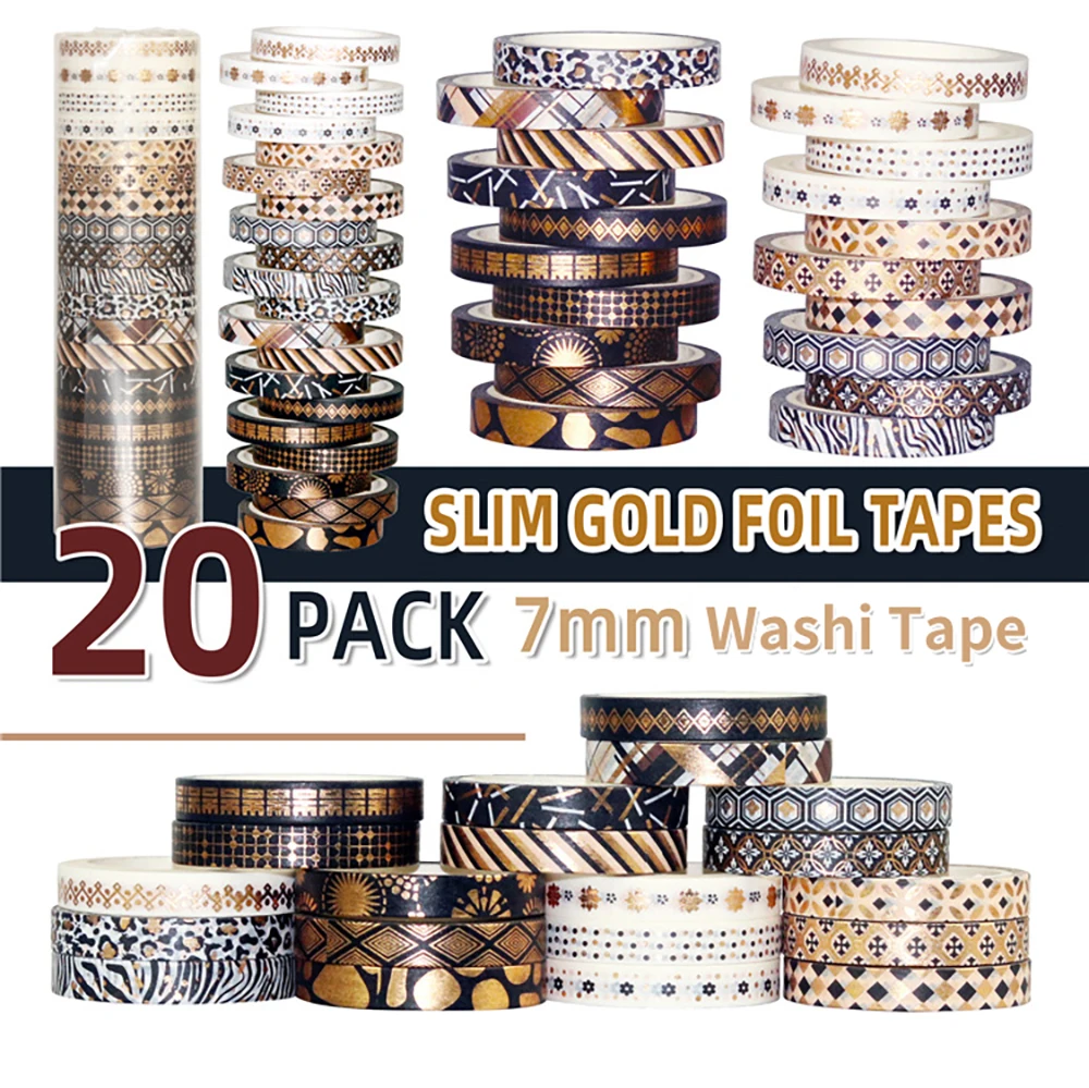 

20 Rolls/set Golden Foil Washi Tape Set 5m*7mm Width Diy Masking Tape Stickers DIY School Suppliers Stationery Gift Crafts