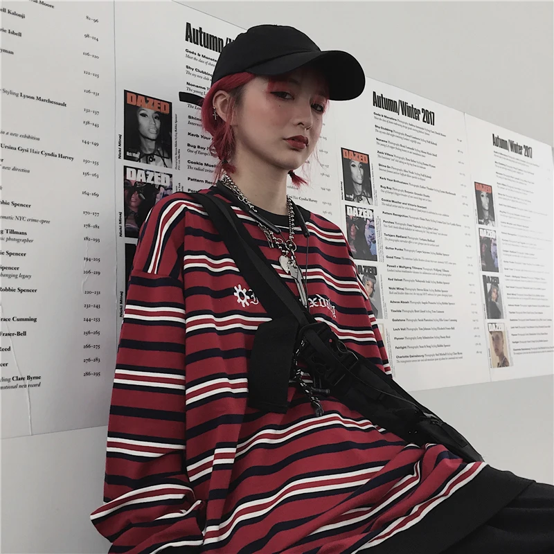 

ins Women's Clothing long sleeve T-Shirts striped o-neck hip hop spring autumn new Korean Harajuku embroidery bf ladies tops