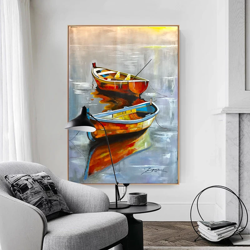

Картина маслом на холсте с изображением лодки на море, пейзаж, плакаты, Современный домашний декор, настенные картины для гостиной, корабль, ...