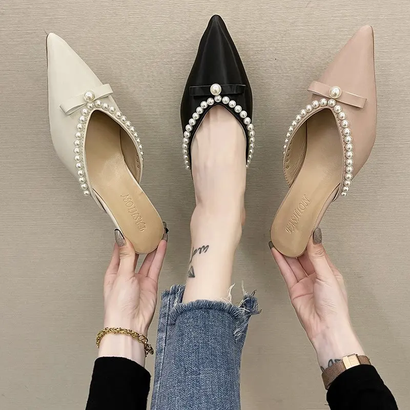 

Med Slippers Soft Summer Women's Shoes Slides Fashion Pantofle Thin Heels Cover Toe Heeled Mules String Bead Comfort Luxury 2021