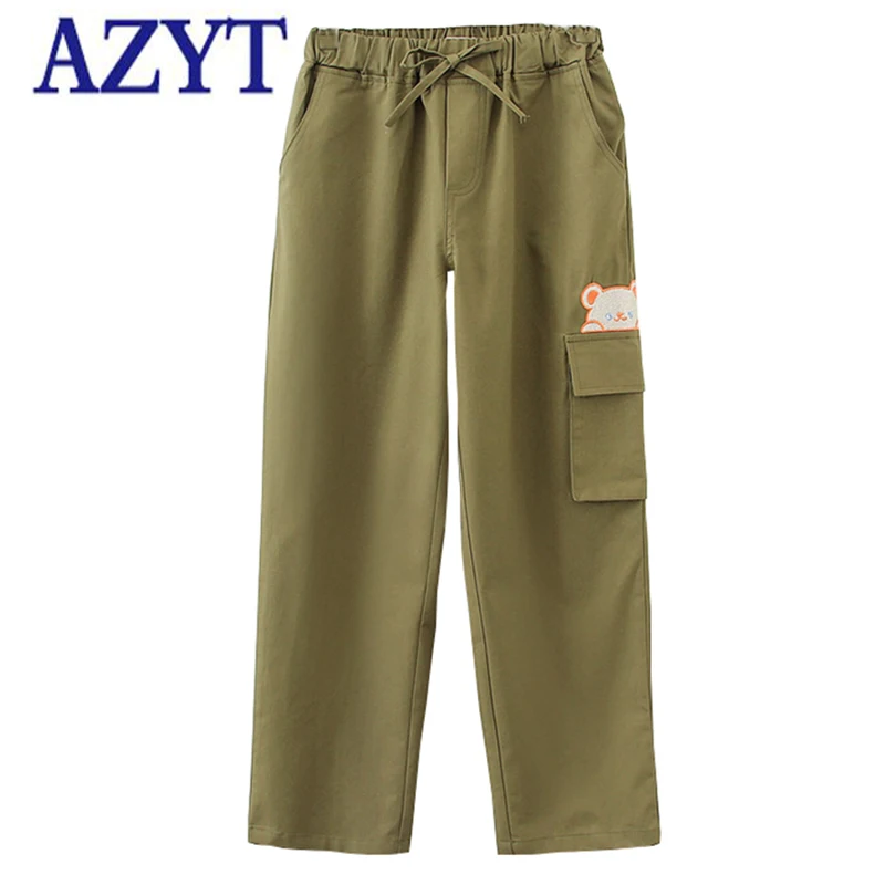 

AZYT Big Pocket Casual Cargo Pants Women 2021 Spring Autumn High Waist Trousers For Women Cartoon Embroidery Straight Pants