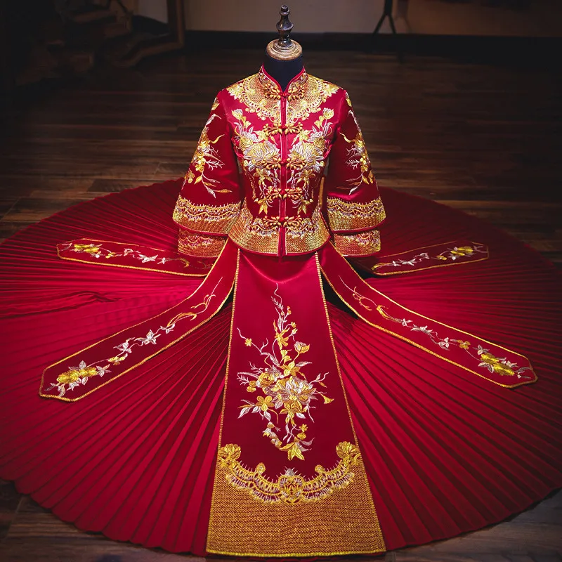 Chinese Traditional Wedding Dress Bride Banquet Costume Oriental Vintage Modern Long Clothes China Qipao китайская одежда