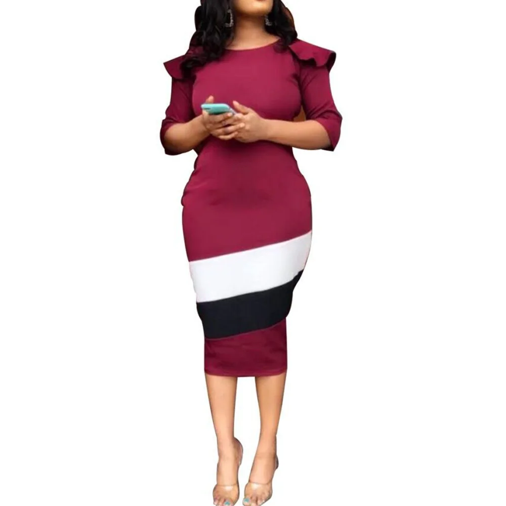 Винно красное женское офисное платье в полоску облегающее летнее миди