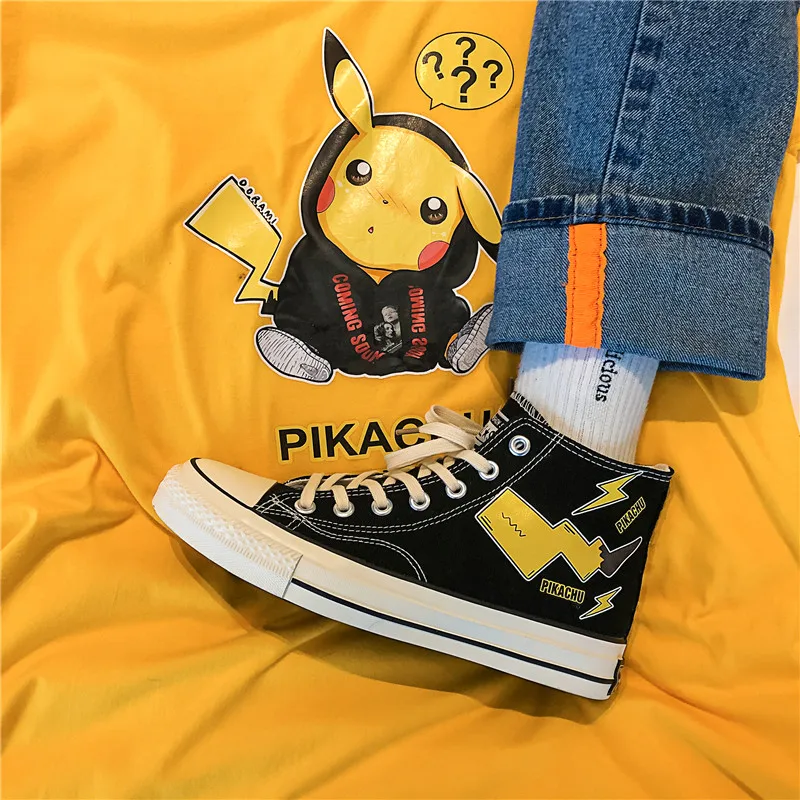 Кеды Pikachu мужские с молнией модные высокие кроссовки мультяшный рисунок черные |