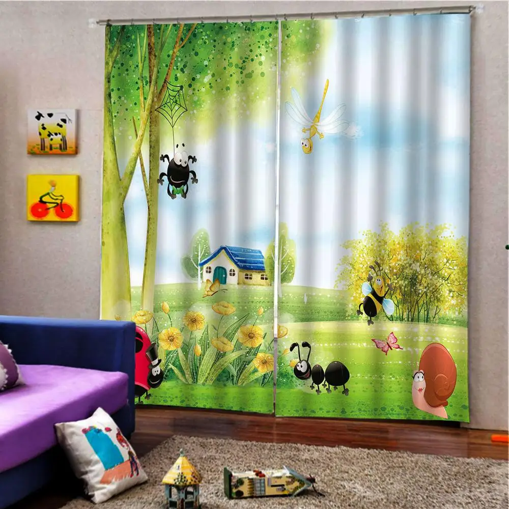 Cartoon Indoor Decor Large Window Small House under Tree and spider on Light Curtain For Living room Bedroom Drapes Sets | Дом и сад