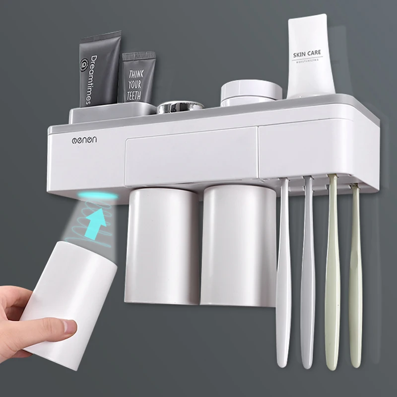 

Automatic Toothpaste Dispenser With 2 Cups Toothbrush Holder Toliet Storage Shelf Rack Shower Caddy Bathroom Organizer Shelves