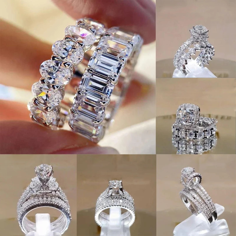

2 PCS/Set Zircon Crystal Series! Trendy Rings Set For Women Wedding Engagement Jewelry Famle Hand Accessories Size 5-11