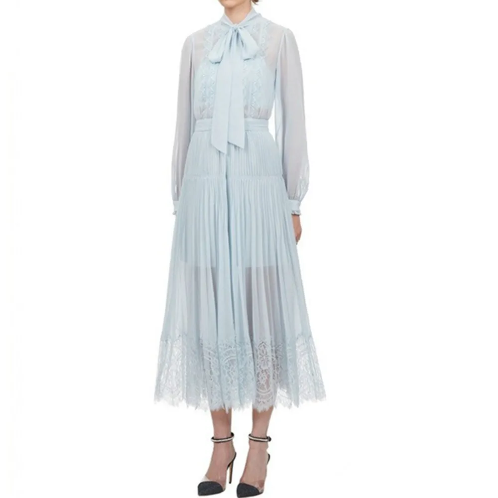 

SMTHMA 2021 New Arrival Autumn Vintage Elegant Chiffon Lace Long Dress Women Long Sleeve Bowknot Collar Pleated Dresses Vestidos