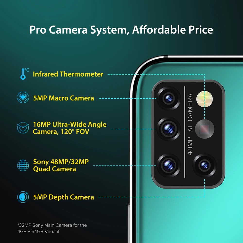 UMIDIGI-A9 Pro Tel&eacute;fono Inteligente, dispositivo Desbloqueado, Versi&oacute;n Global, Pantalla FHD 6,3 pulgadas, Procesador Helio P60, 4GB o 6GB de RAM y 64GB o 128GB de ROM, Cuadric&aacute;mara de 32 o 48MP y Selfie de 24MP-3