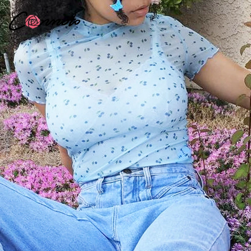 Conmoto сетчатая вишневая Сексуальная Пляжная женская блузка рубашки с оборками