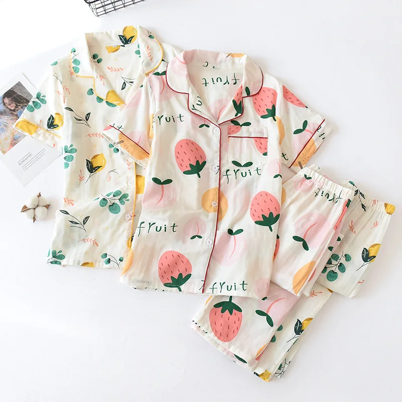

Fdfklak 2020 Summer Cotton Shorts Pajama Sets For Women Short Sleeve Sleepwear Suit Floral Print Pyjama Homewear Pijama Mujer