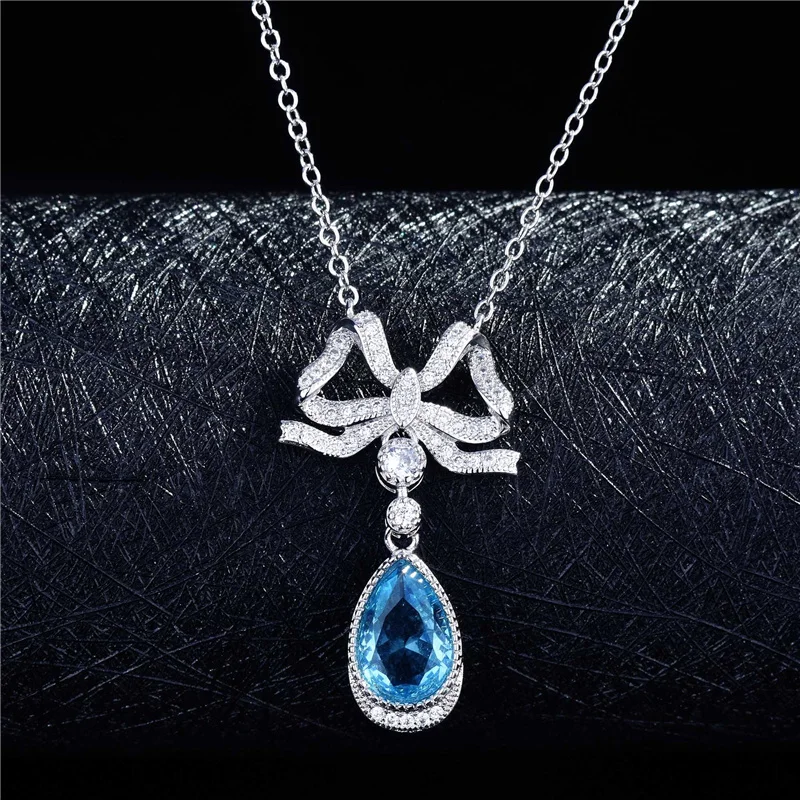 

Exquisite Crystal Water Drop Blue Bowknot Pendant Necklace Lady Birthday Gift Trendy 925 Silver Choker Necklace Women Jewelry