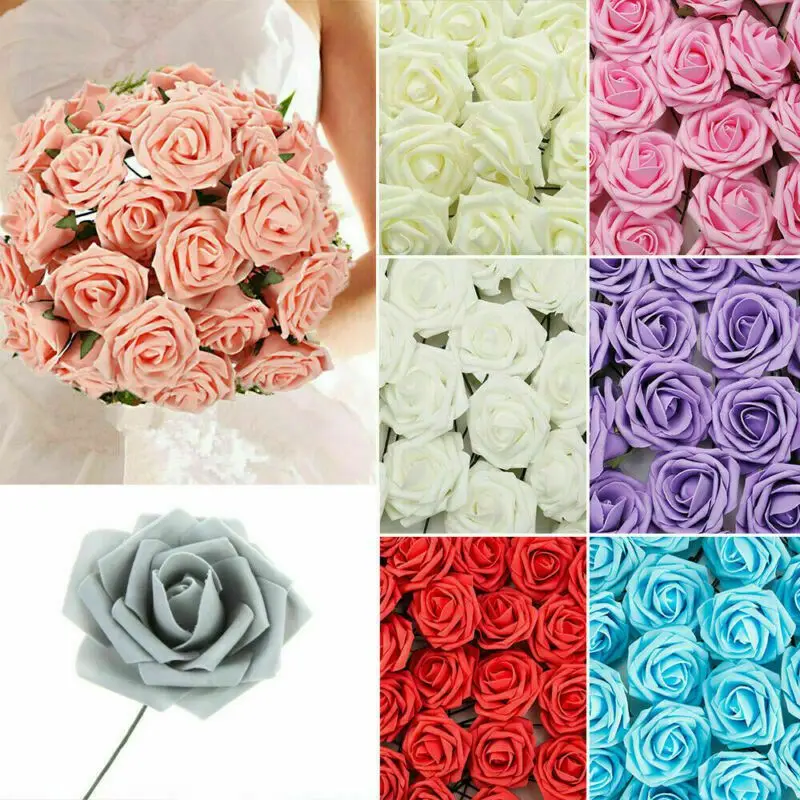 

50pcs Artificial Flowers Foam Rose Fake Flower with Stem Wedding Party Bouquet Well Made Vibrantly Colored Home DIY Decorations