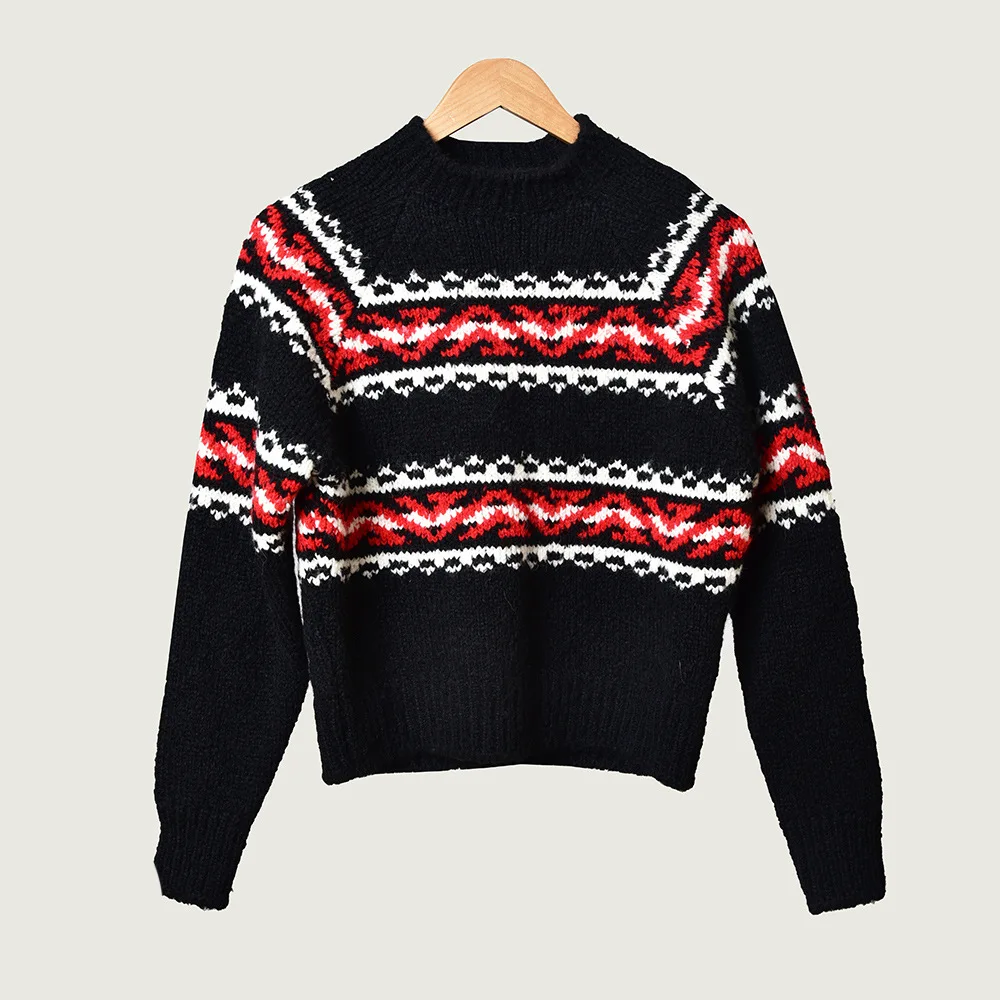 

Women Sweater 2019 Autumn and Winter New Temperament Round Neck Famous Style Jacquard Wool Sweater Sweater