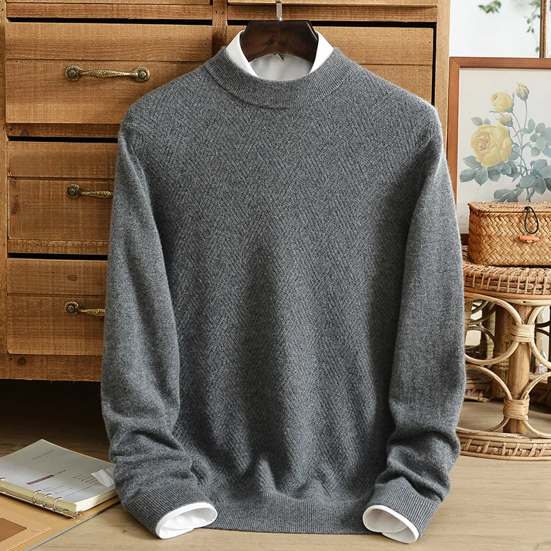 

Winter cashmere sweater men's 100% pure cashmere half high neck thick diamond jacquard sweater warm middle-aged bottoming shirt