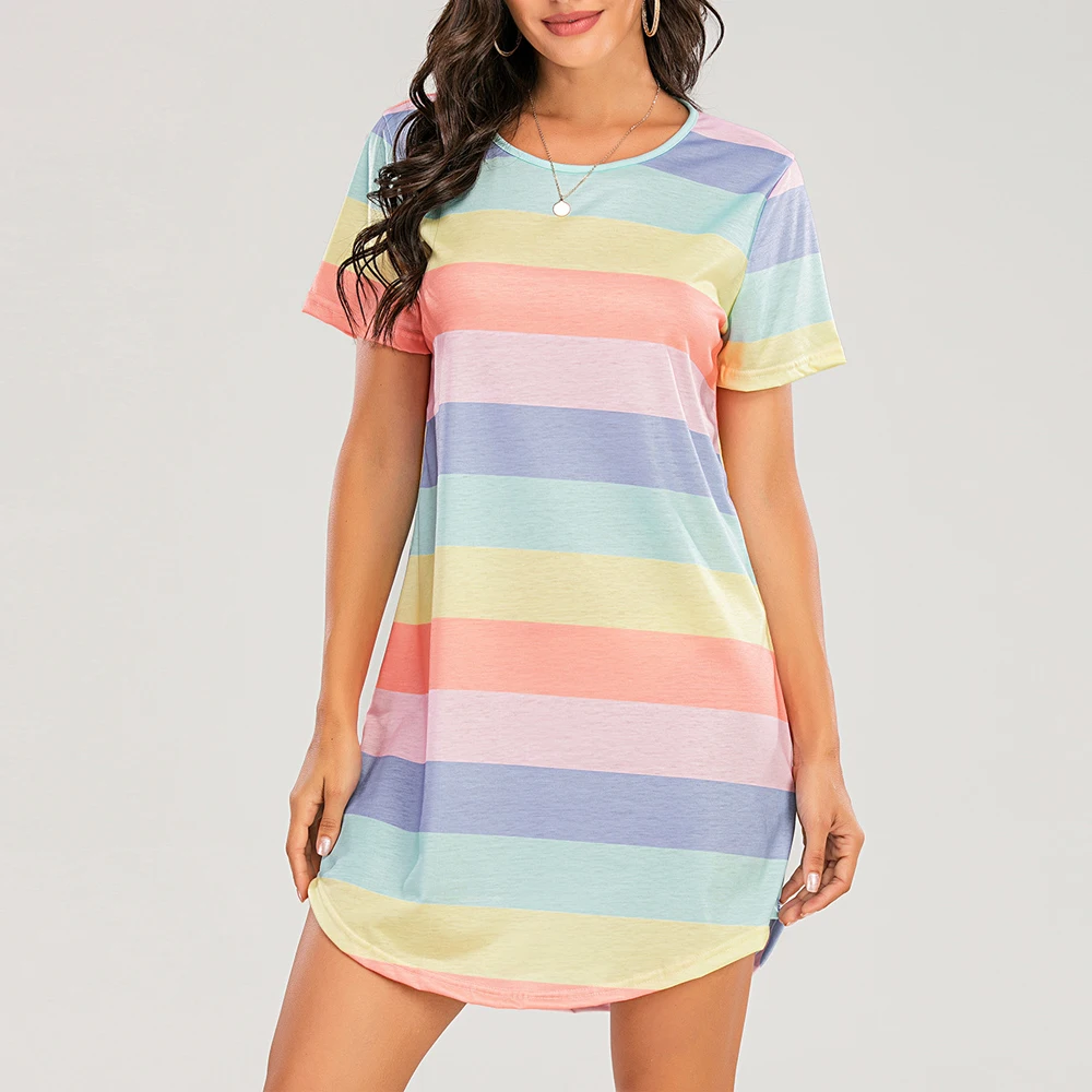 

Sexy Pyjamas Night Dress for Women Short-Sleeved Rainbow Striped Nightgown Loose Dormir Tops Large Size Leisure Sleepwear S-5XL