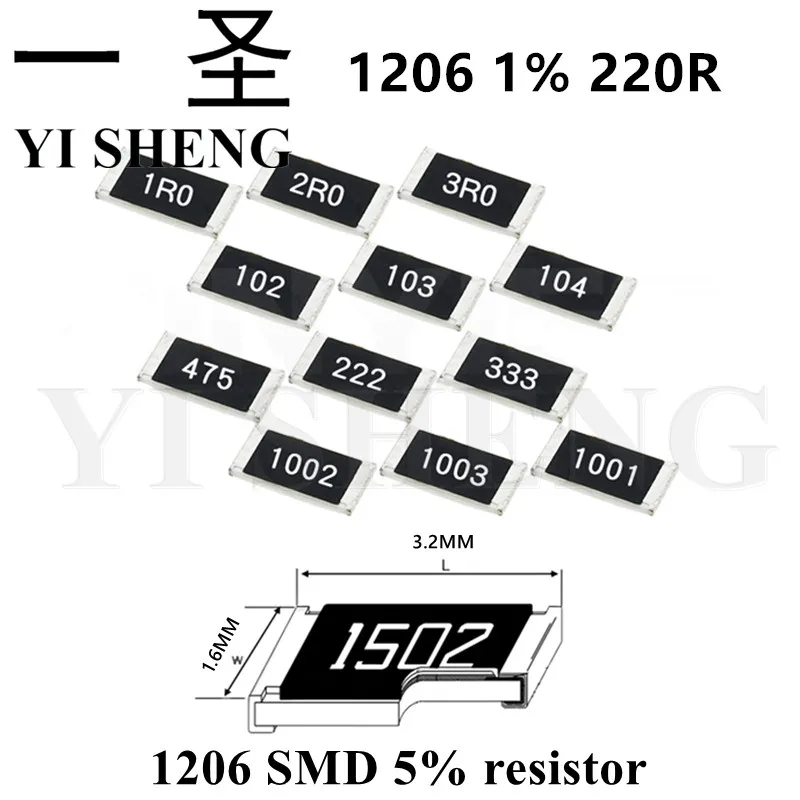 

100PCS 1206 SMD Resistor 1% 220 ohm chip resistor 0.25W 1/4W 220R 221