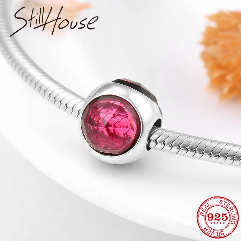 Женские браслеты из серебра 925 пробы винно-красные большие циркониевые бусины