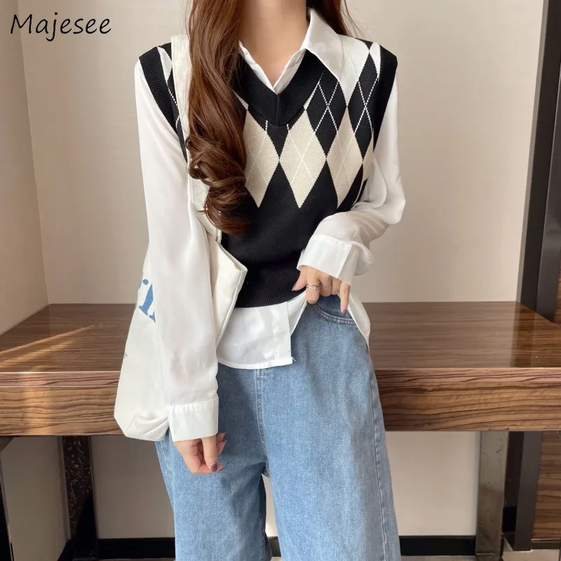 

Sweater Vests Women Argyle Panelled Students Autumn All-match Loose Cozy V-neck Newest Basic Leisure Neutral Vintage Female Ins