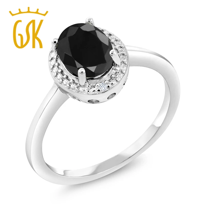 GemStoneKing 1,67 карат Овальный натуральный черный сапфир белый бриллиант 925 пробы Серебряное кольцо для женщин