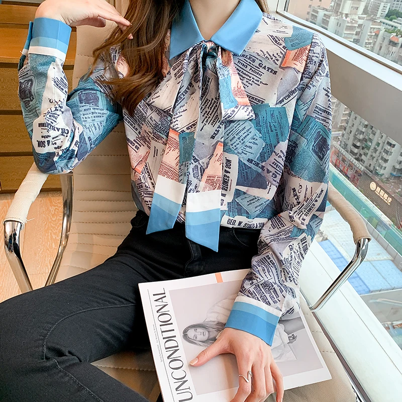 

Summer New Women's Blouse Long Sleeve Top Printed Lady Loose Ribbon Satin Casual Fashion Polo Shirt