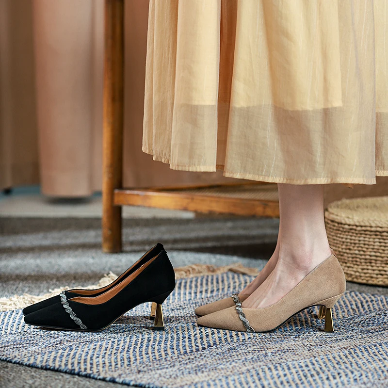 

Thin Heels pumps Full Genuine Sude Leather Sweet Wedding Women Shoes Brand High Heels Office Ladies Shoes Women Heels