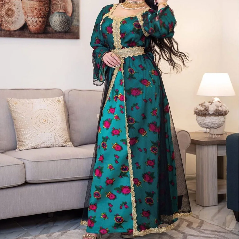 

Blue Embroidery Print Mesh Arabic Dress White Abaya Women Djellaba Muslim Fashion Islamic Clothing for Girls Robes Maxi Boubou