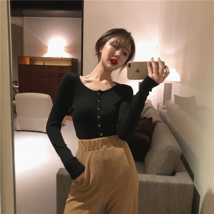 Осенние Топы 2019 корейский шик стиль сплошной цвет Тонкий с длинным рукавом