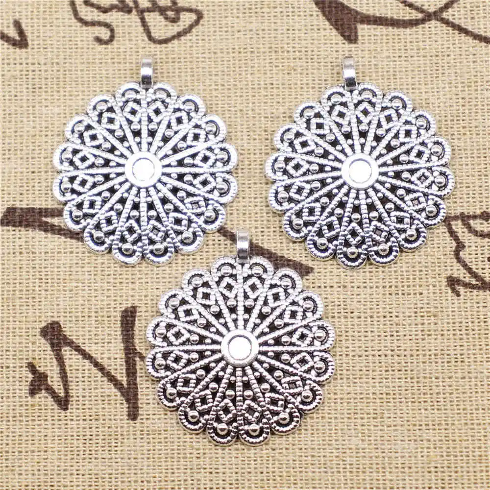 

Charms for jewelry making 5pcs 36x31mm antique silver color Carved flowers charms