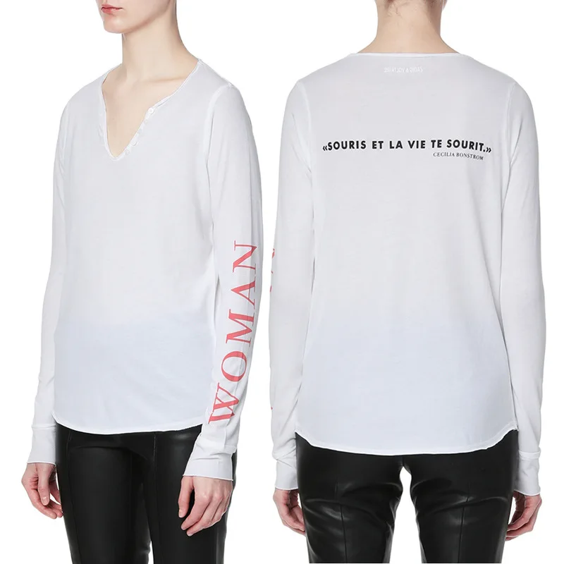 

Women T-shirt 2021 Early Autumn New Woman Print English V-neck Button Cotton Long-sleeved T-shirt
