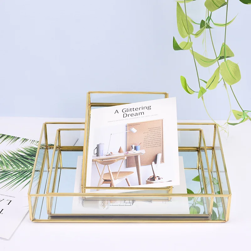

Glass Storage Tray Golden Copper Edge Jewelry Plate Nordic Ins Tray Modern Ornaments Desktop Finishing