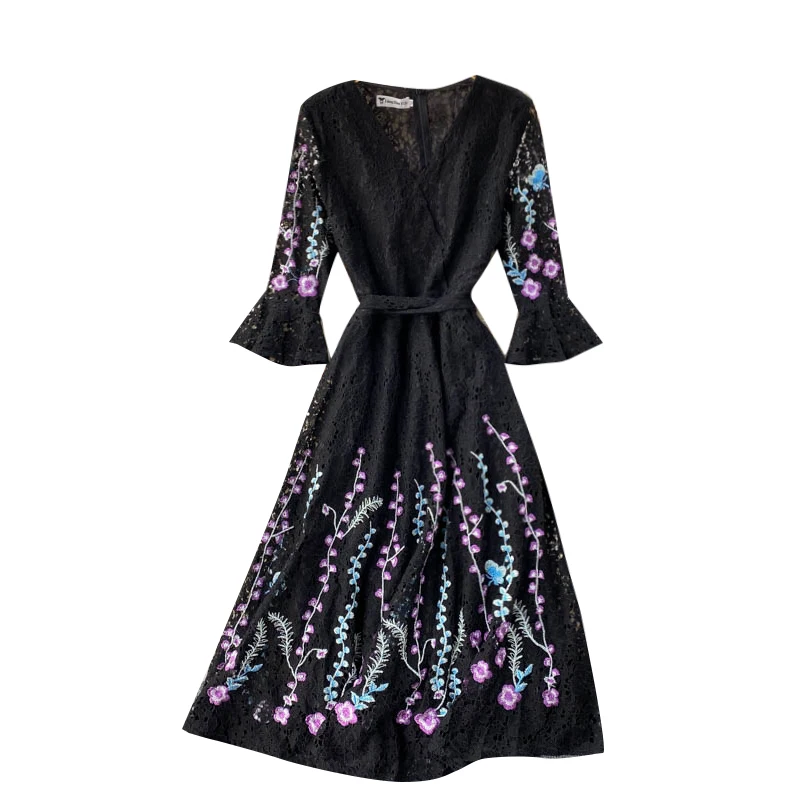 

Autumn Winter Retro Heavy Industry Embroidery Flowers Temperament V-neck Flared Sleeves Waist Thin Lace Dress Women UK573