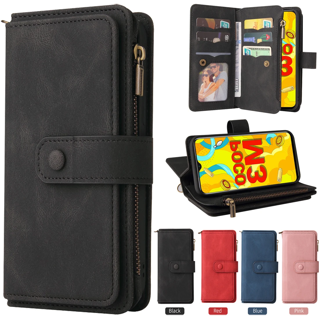 

Чехол-книжка для Redmi 9 T 9 Power 2021, многофункциональный кожаный чехол-кошелек на молнии для Xiaomi Redmi 9 T 9 T, чехол для Redmi 9 T с 15 отделениями для карт