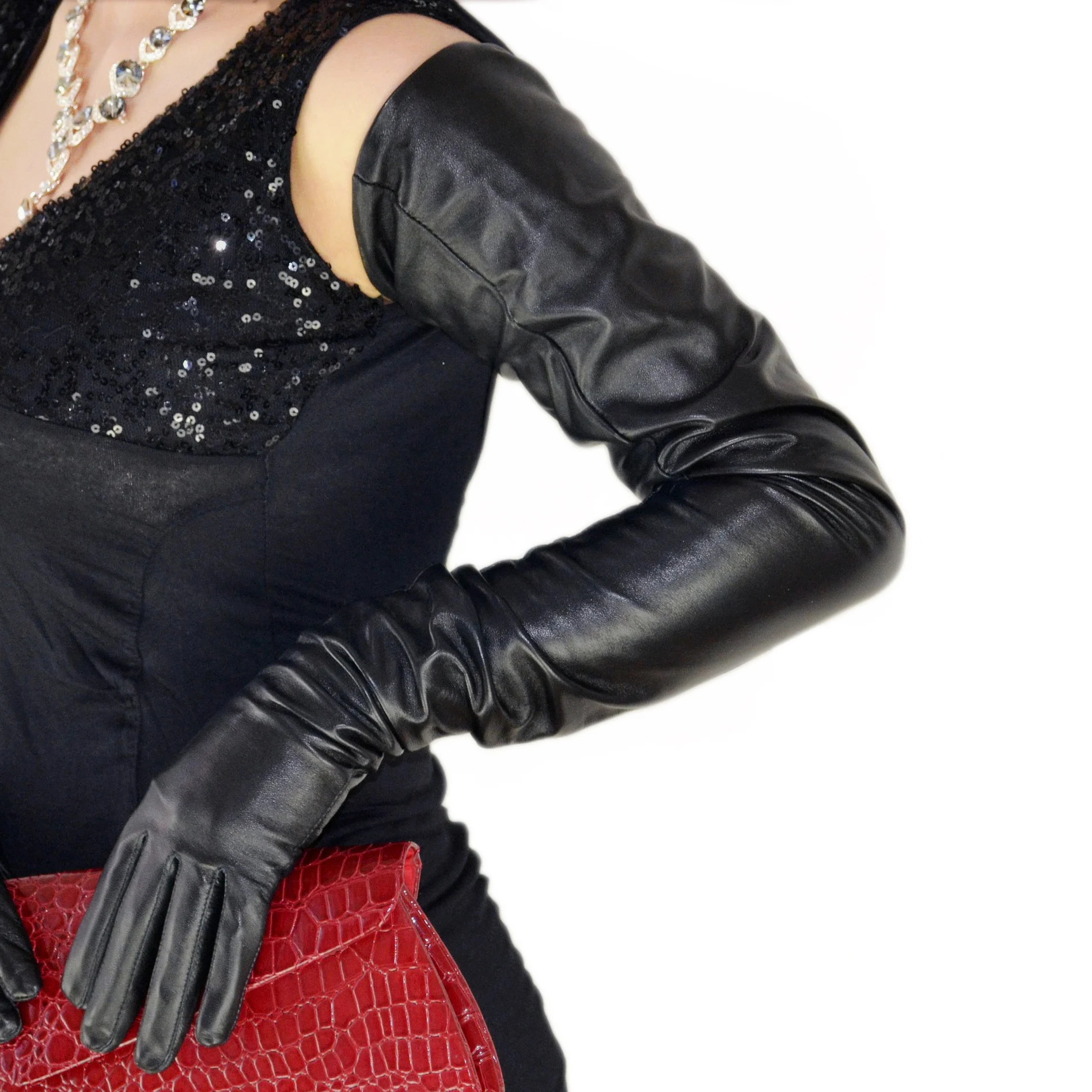 Женские вечерние длинные перчатки из натуральной овечьей кожи|long black gloves|black