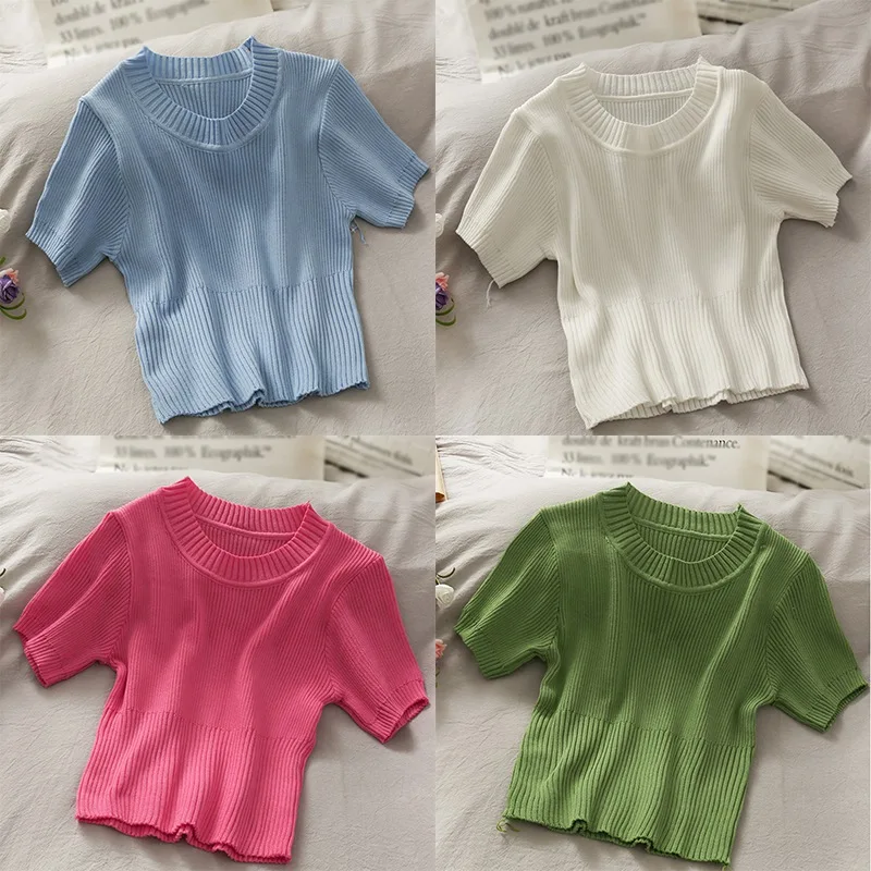 

Summer Women Tees Korean Solid Color O-Neck Casual Slim Knitted Short Sleeve Pullover Top