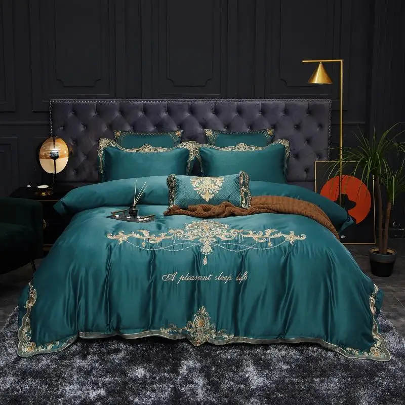 Комплект постельного белья с золотой вышивкой шелк/хлопок простыня на резинке