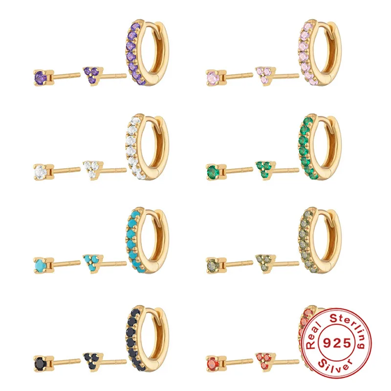 

CANNER 3PCS 925 Sterling Silver Stud Earrings for Women Small Colorful Zircon Piercing Earrings Jewelry Pendientes Plata 925