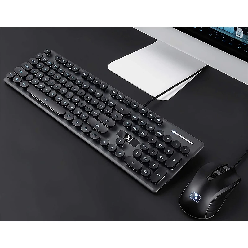 

Retro Wired Gaming Keyboard and Mouse Kit Round Keycap Steampunk Keyboard Multimedia Button 1600DPI Mouse for PC Laptop