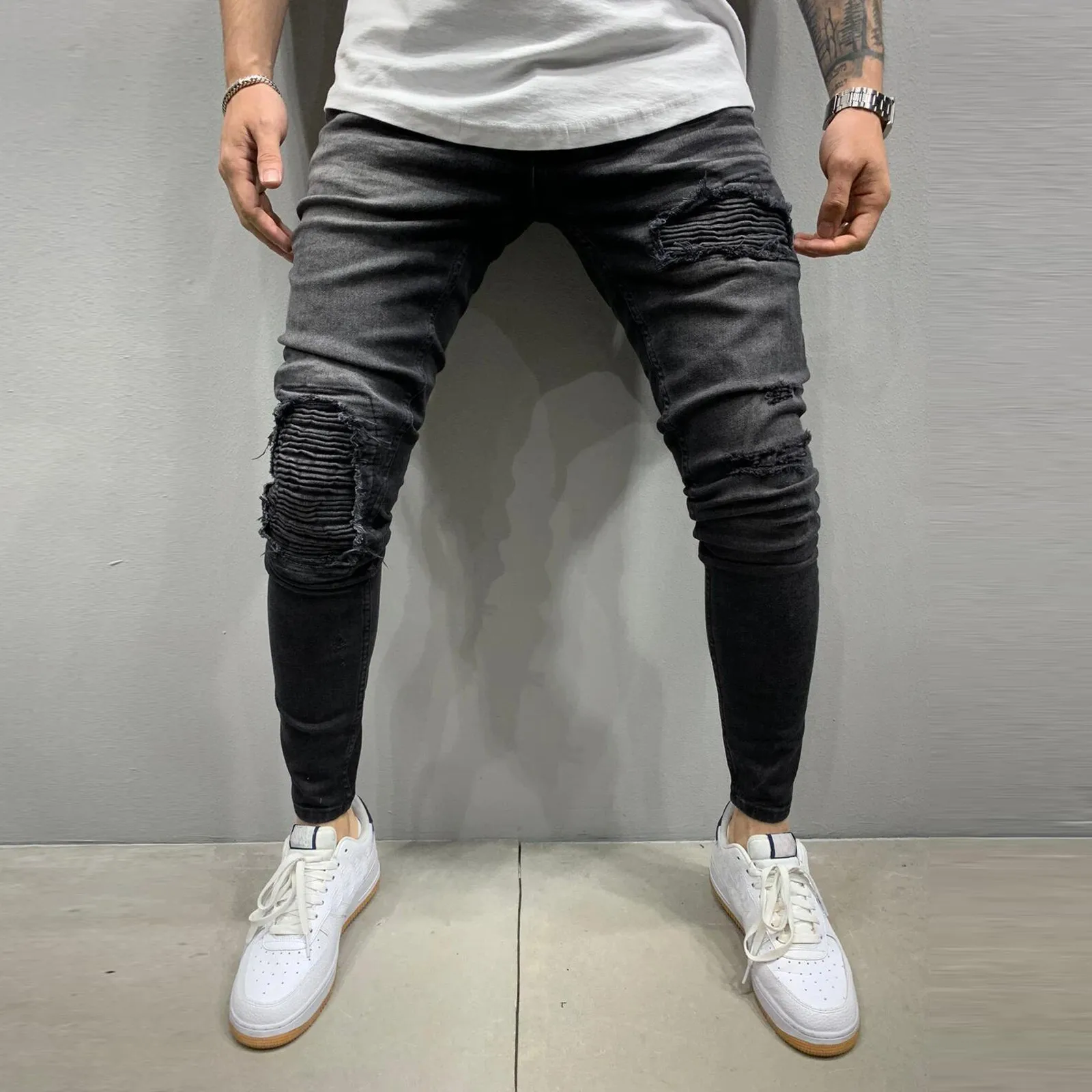 Fashion Men High Waist Zipper Casual Slim Denim Ripped Hole Vintage Stretch Hip Hop Trousers Skinny Jeans Pants Large Size#35 | Мужская