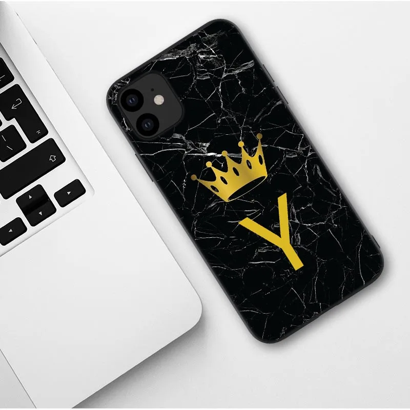 Пользовательский именной чехол для телефона для iphone 11 Pro Max с надписью монограмма черный мрамор Золотая Корона чехол для iphone X XR XS MAX 6 7 8 Pus