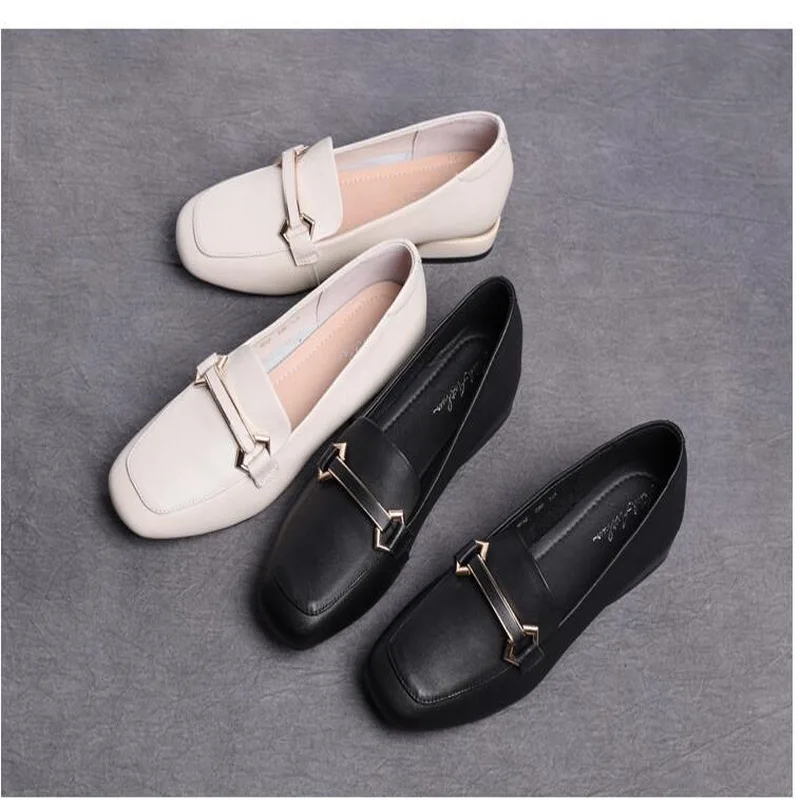 Genuine Leather Female Loafers Slip On Square Toe Flats for Women Black White Casual Shoes Spring Lady Flats
