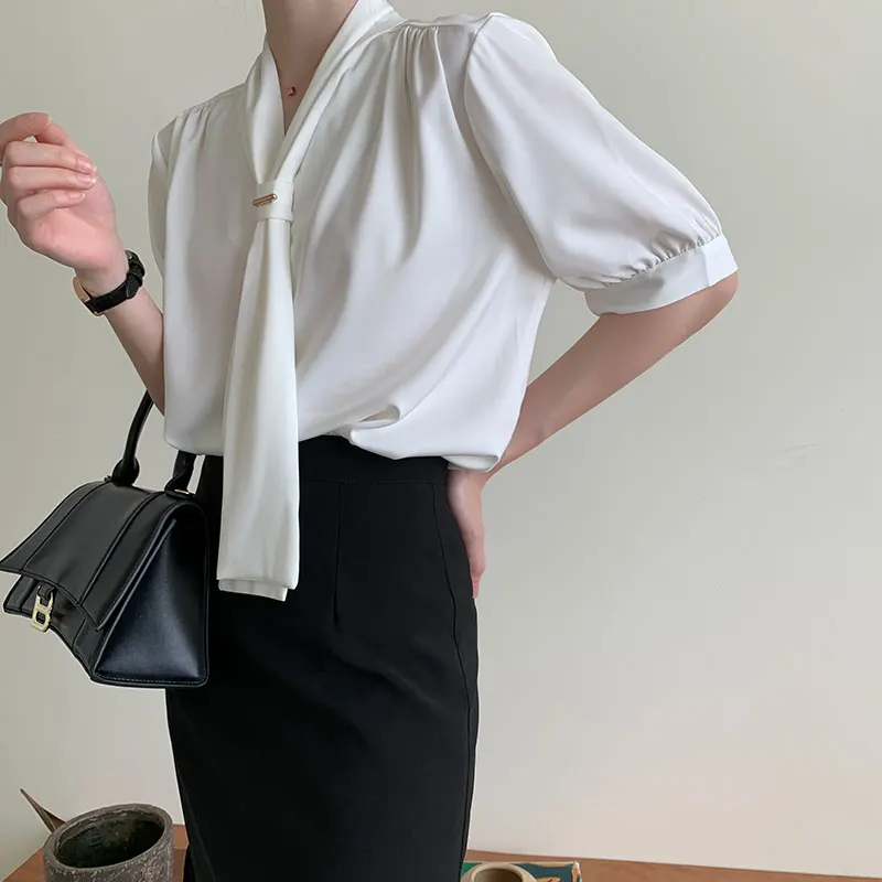 

Blusas Chiffon Shirts Women Blouse 2021 Office Lady OL Style Plus Size Loose Tops Women Summer Short Sleeve V Neck Shirts 9876