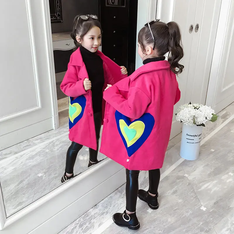 Зимнее пальто для девочек новинка 2020 модное осеннее шерстяное с сердечками