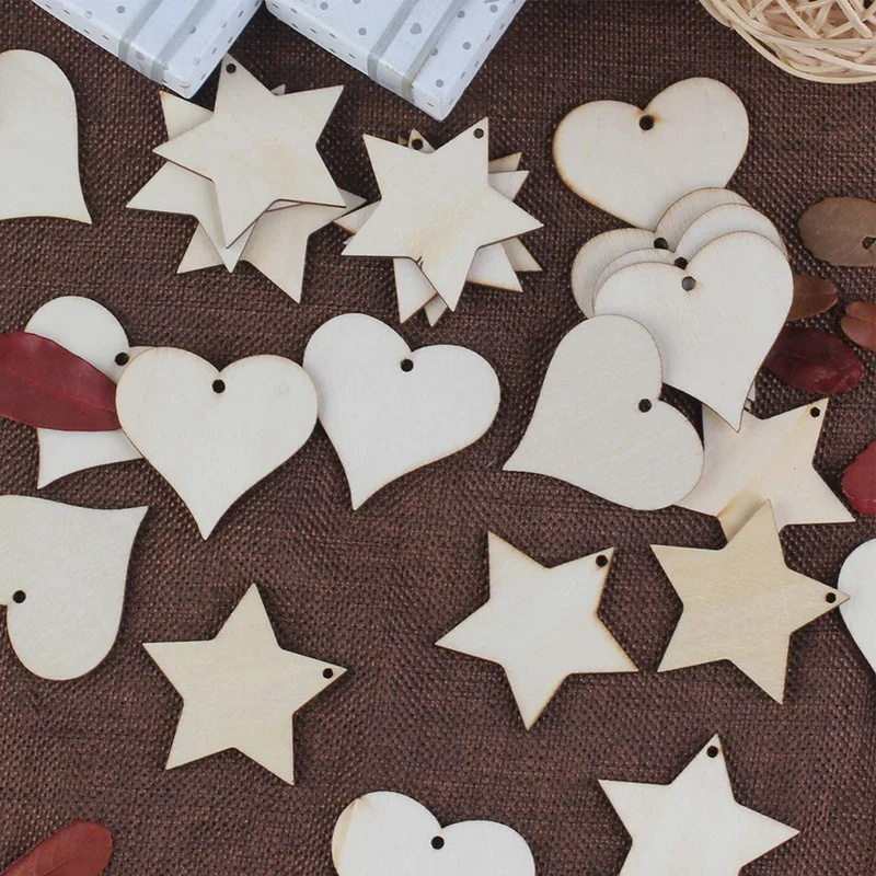Promotion! 100Pcs 2 Inch Wooden Hearts &amp Stars Shape Slices Blank Tags with Hole Unfinished Wood Cutout Labels DIY Art Craft | Дом и сад