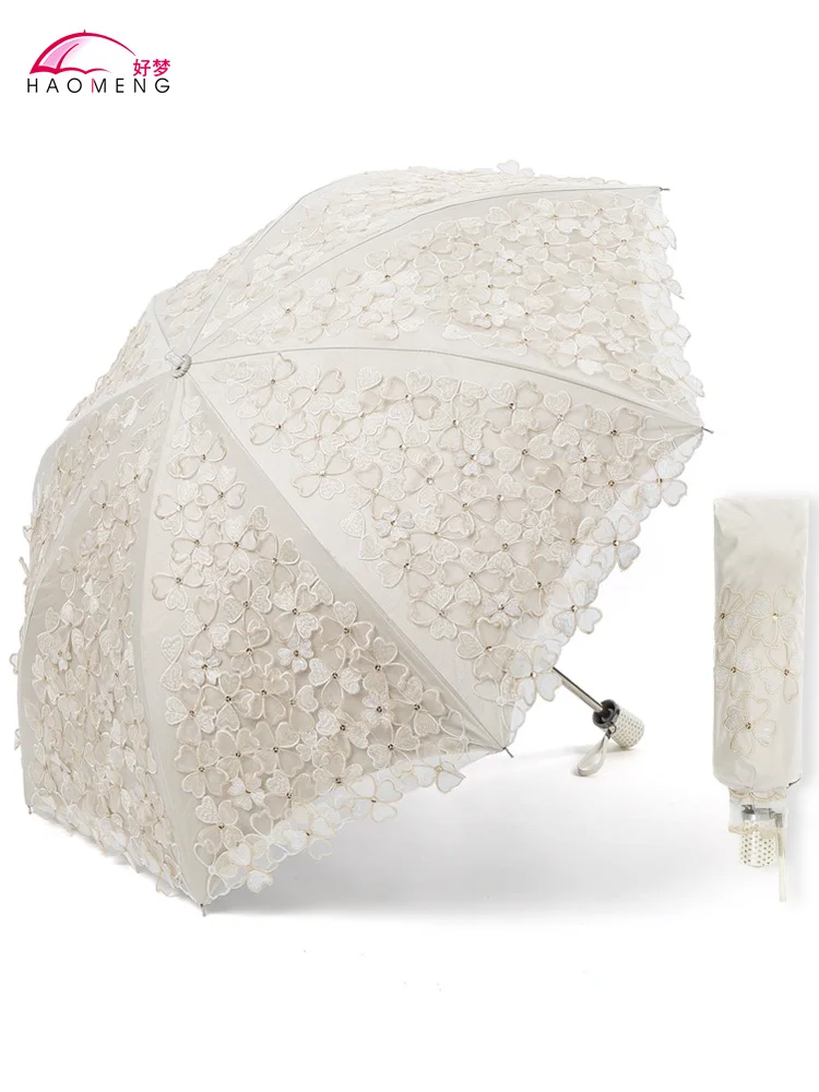 Складной зонт от солнца для женщин прозрачный из ткани с УФ-вышивкой кружевные