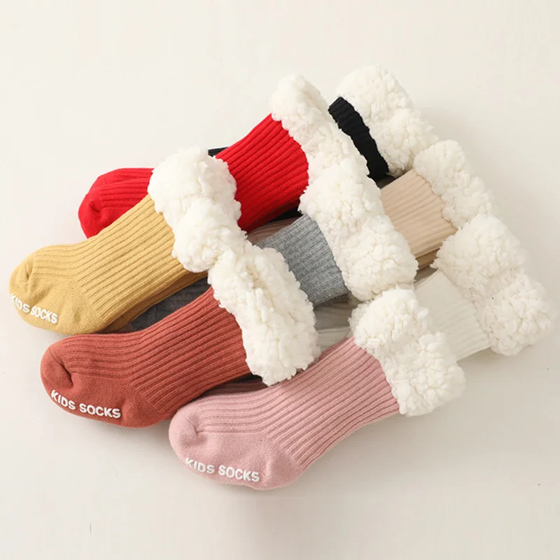 0 4 Years Old Childrens Socks 2021 Winter Super Thick Cashmere Childrens Solid Color Plus Velvet Baby Socks Baby Floor Socks