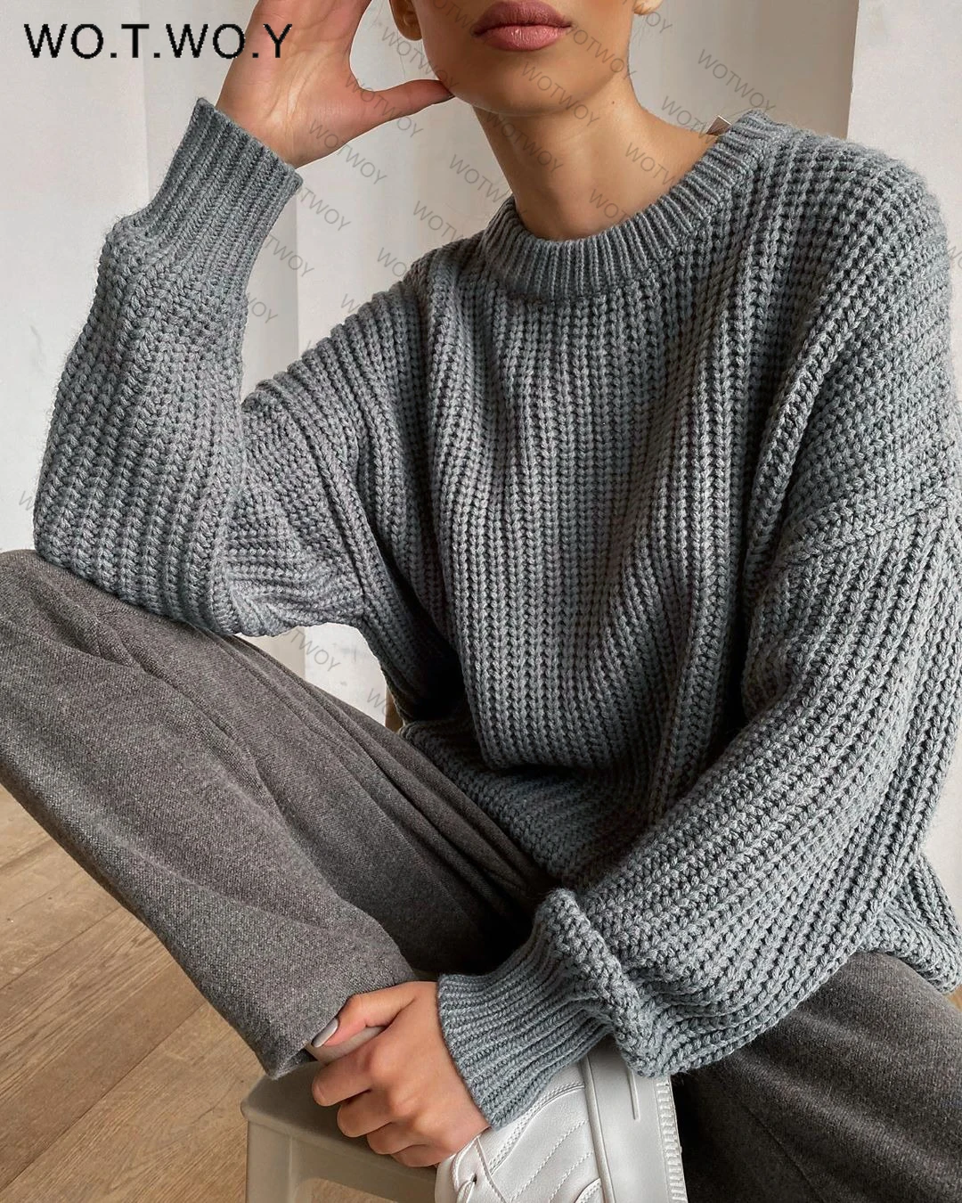 

WOTWOY Autumn Winter Thickening Oversized Sweater Women Long Sleeve Casual Loose Pullovers Female Cashmere Solid Knitted Tops