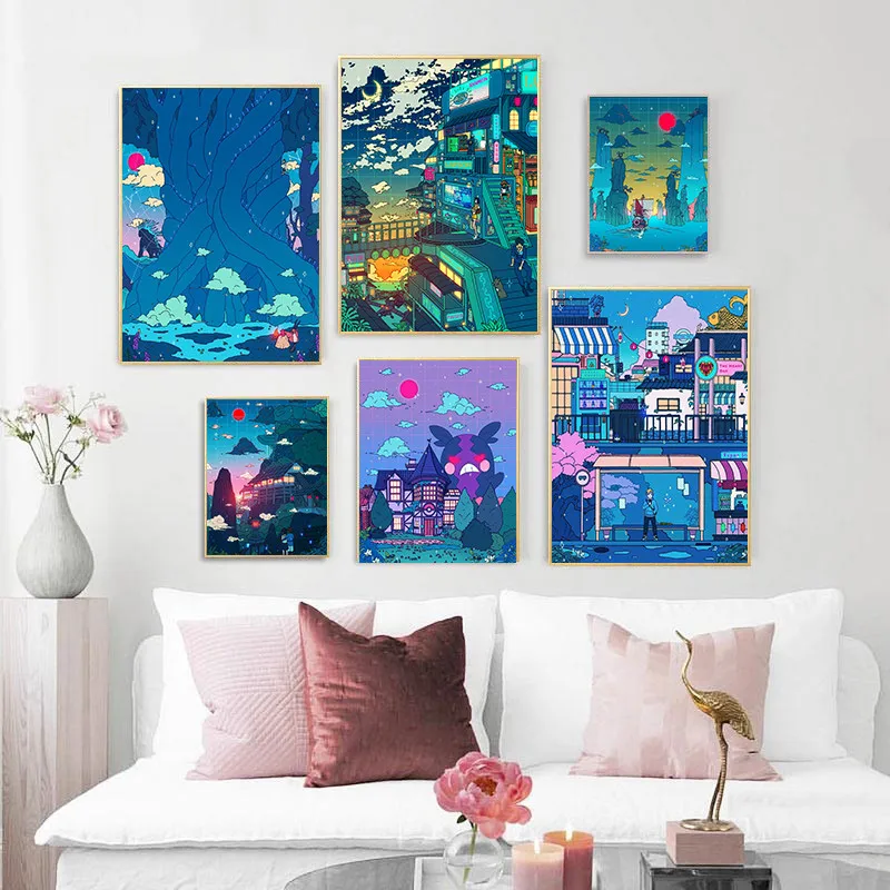

Cartoon View Street Prints Poster and Prints Wall Art Pictures for Living Room Bedroom Home Decoration