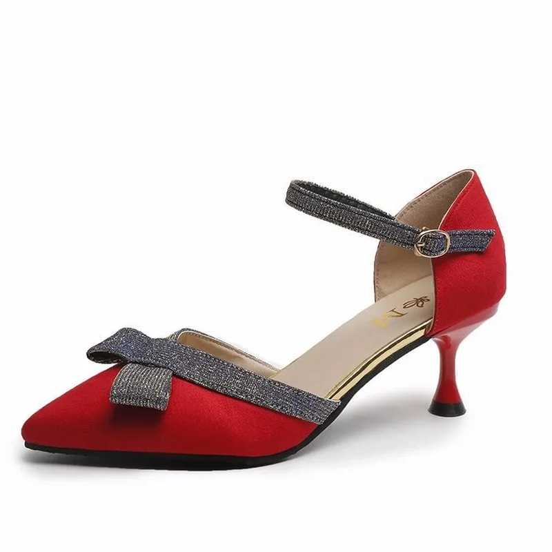 

Сандалии женские из флока и замши, повседневная обувь с бантом-бабочкой, заостренный носок, ремешок с пряжкой, высокий каблук, весна-лето